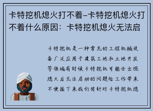 卡特挖机熄火打不着-卡特挖机熄火打不着什么原因：卡特挖机熄火无法启动问题解决方案